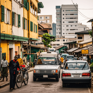 images depicting generator noise pollution in a crowded urban neighborhood in Nigeria